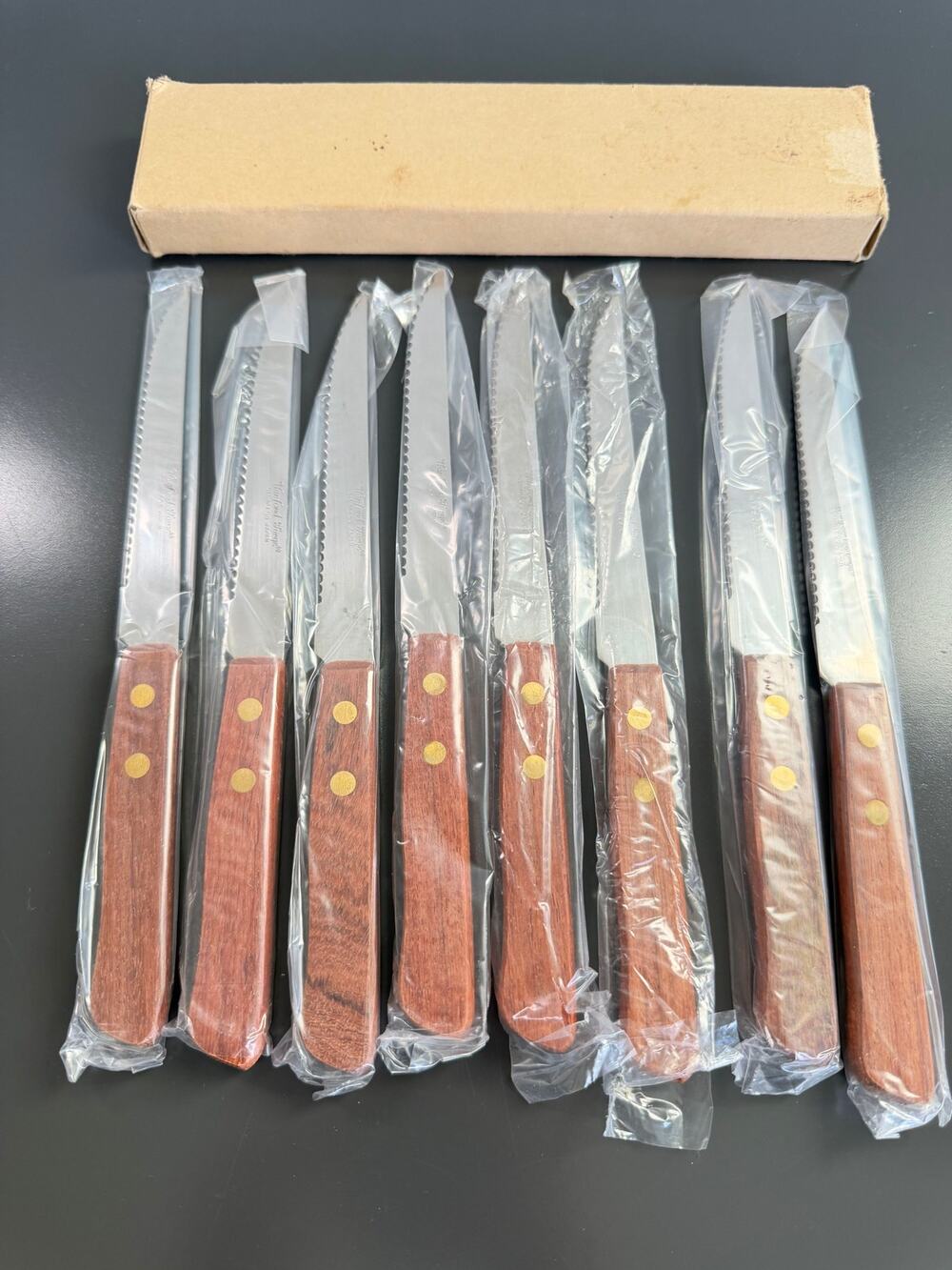 Vintage MCM Japanese steak knives stainless steel serrated 8 pieces in a box